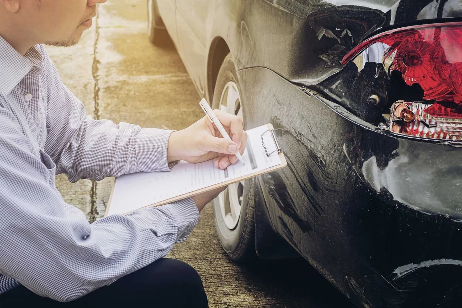 Damaged rear bumper being written up after a claim is reported